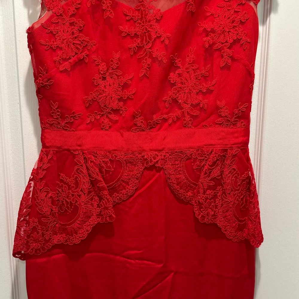 Marchesa Notte- Red lace bodice peplum midi dress